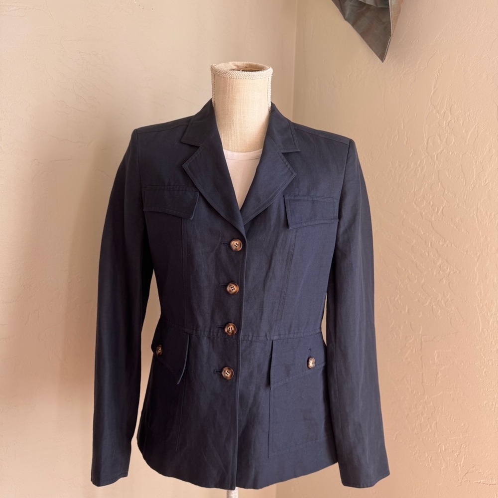 Kenar Women's Vintage Navy Blue Linen Blend Button Down Blazer‎ Size 8